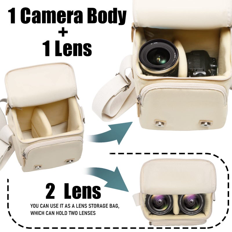 Cwatcun Compact Camera Bag Purse Case Canvas Leather Trim Compatible for Nikon  Canon  Sony Mirrorless Camera and Lenses Waterproof  Camera Shoulder Messenger Bag Beige - Image 3